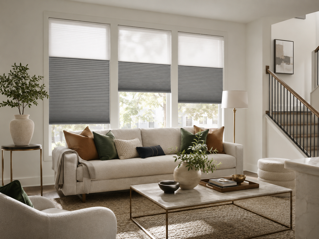 Living room with three Day & Night honeycomb shades, sheer top and opaque bottom