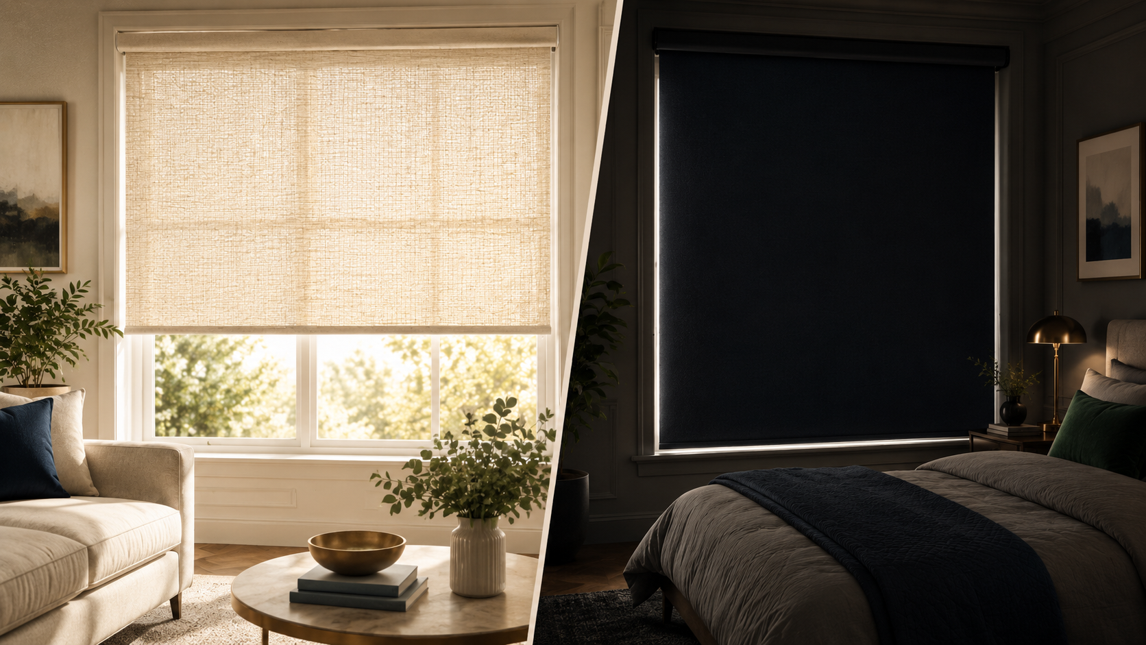 Split image: sheer light-filtering roller blind in a sunlit living room versus blackout roller blind in a dark bedroom